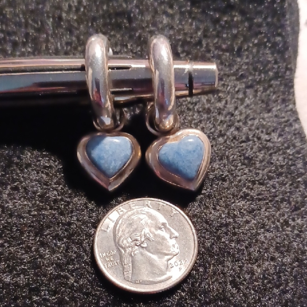Silver Tone Hoop Post Earrings With Removable Blue And Silver Tone Hearts